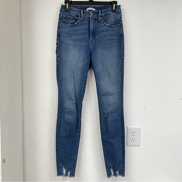 Good American Good Waist High Rise Skinny Jeans Womens 4 Raw Hem Blue Denim - Picture 1 of 13